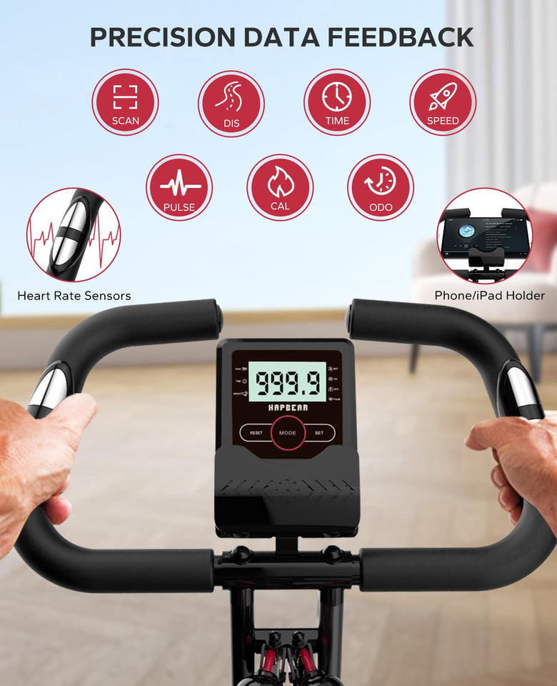HAPBEAR Folding Exercise Bike Magnetic Foldable Stationary Bike, 3 in 1 Mode Indoor Upright Fitness Workout X-Bike with 8-Level Resistance and Arm Resistance Band, Pulse Sensor,LCD Monitor Black