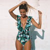 2020 Sexy Deep-V One Piece Swimsuit Female Women Vintage Retro Bathing Suit Shoulder Ruffle Swimwear Backless Monokini - KickersPlanet