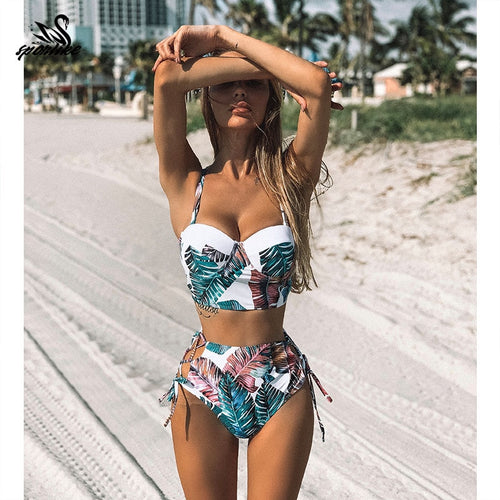 High Waist Swimwear New Leaf Print Bikinis Women Swimsuit - KickersPlanet