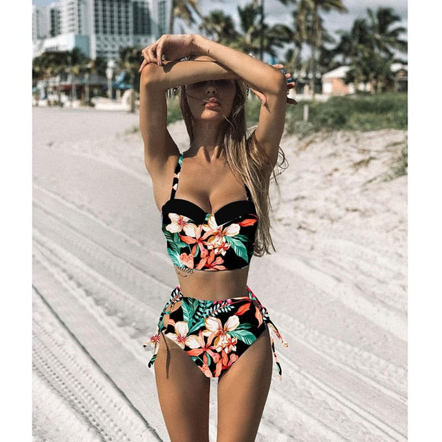High Waist Swimwear New Leaf Print Bikinis Women Swimsuit - KickersPlanet